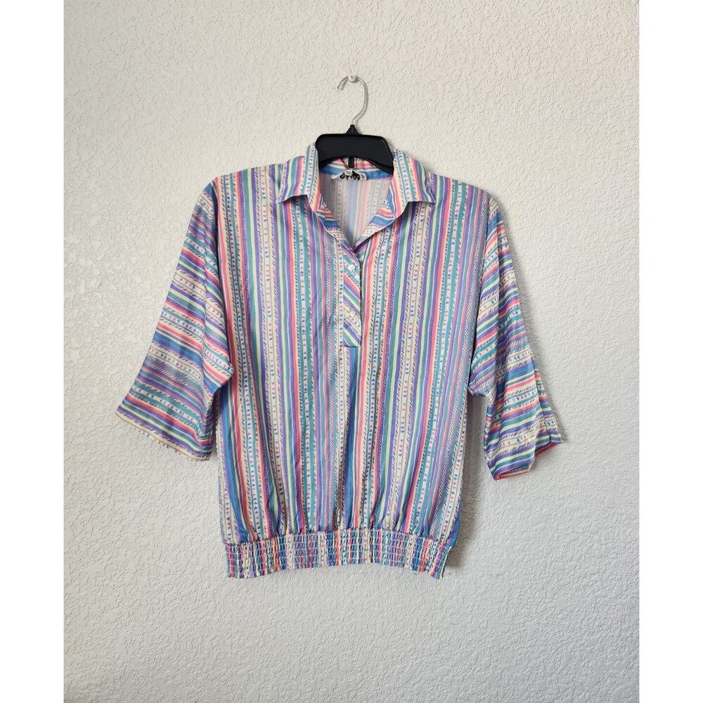 Vintage Usra Womens Blouse Top Multicolor Smocked Waist Sleeve '80s No Size 12